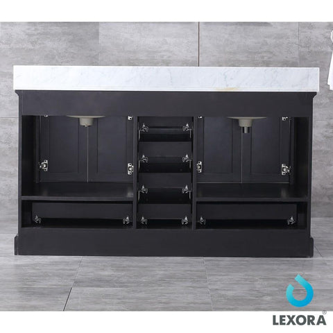 Image of Dukes 60" Espresso Double Vanity | White Carrara Marble Top | White Square Sinks and 58" Mirror