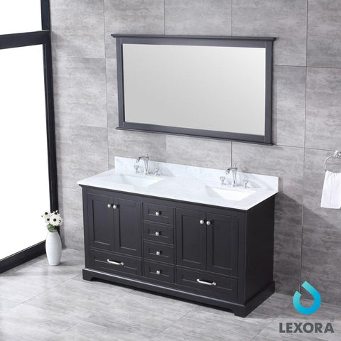 Image of Dukes 60" Espresso Double Vanity | White Carrara Marble Top | White Square Sinks and 58" Mirror