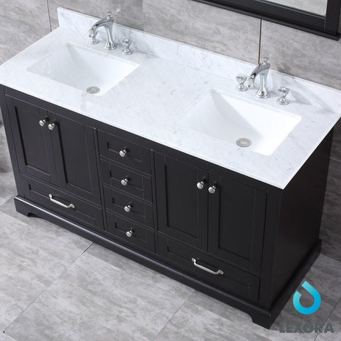 Image of Dukes 60" Espresso Double Vanity | White Carrara Marble Top | White Square Sinks and 58" Mirror
