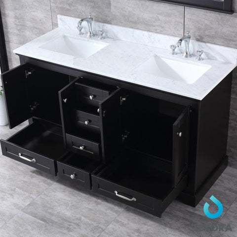 Image of Dukes 60" Espresso Double Vanity | White Carrara Marble Top | White Square Sinks and 58" Mirror