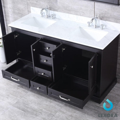 Image of Dukes 60" Espresso Double Vanity | White Carrara Marble Top | White Square Sinks and 58" Mirror