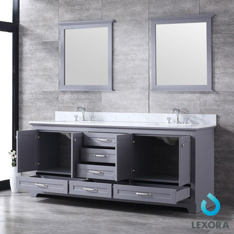 Image of Dukes 80" Dark Grey Double Vanity | White Carrara Marble Top | White Square Sinks and 30" Mirrors