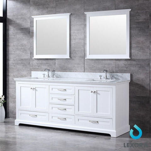 Image of Dukes 80" White Double Vanity | White Carrara Marble Top | White Square Sinks and 30" Mirrors