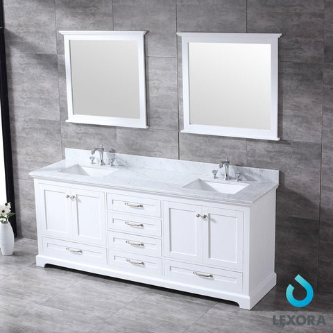 Image of Dukes 80" White Double Vanity | White Carrara Marble Top | White Square Sinks and 30" Mirrors