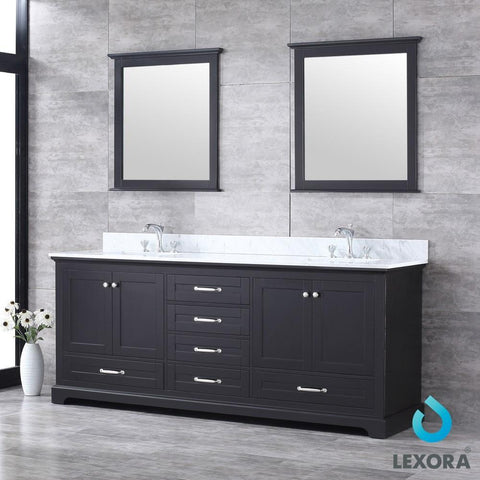Image of Dukes 80" Espresso Double Vanity | White Carrara Marble Top | White Square Sinks and 30" Mirrors