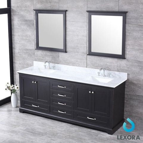 Image of Dukes 80" Espresso Double Vanity | White Carrara Marble Top | White Square Sinks and 30" Mirrors