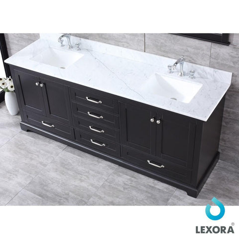 Image of Dukes 80" Espresso Double Vanity | White Carrara Marble Top | White Square Sinks and 30" Mirrors