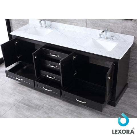 Image of Dukes 80" Espresso Double Vanity | White Carrara Marble Top | White Square Sinks and 30" Mirrors