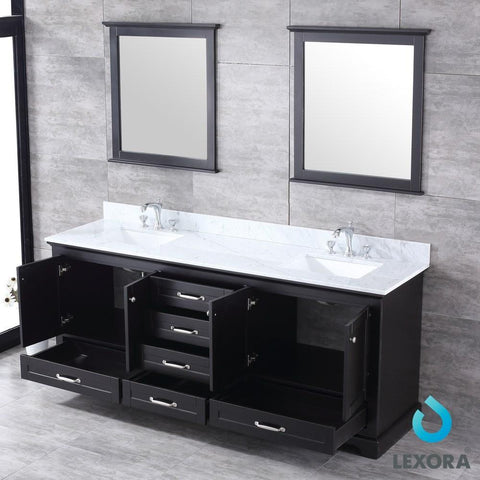 Image of Dukes 80" Espresso Double Vanity | White Carrara Marble Top | White Square Sinks and 30" Mirrors