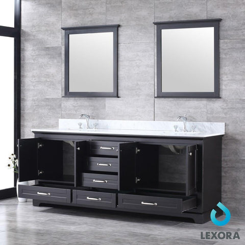 Image of Dukes 80" Espresso Double Vanity | White Carrara Marble Top | White Square Sinks and 30" Mirrors