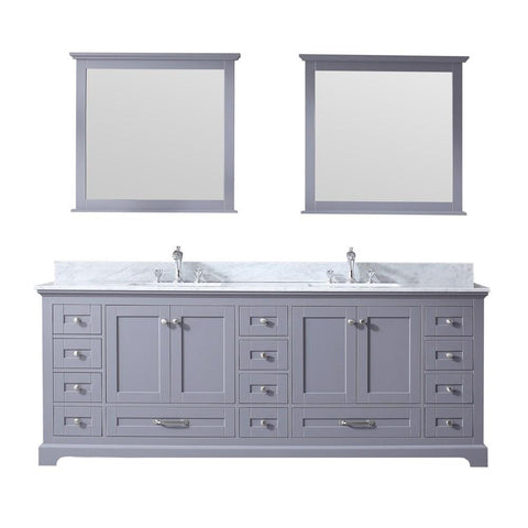 Image of Dukes 84" Dark Grey Double Vanity | White Carrara Marble Top | White Square Sinks and 34" Mirrors