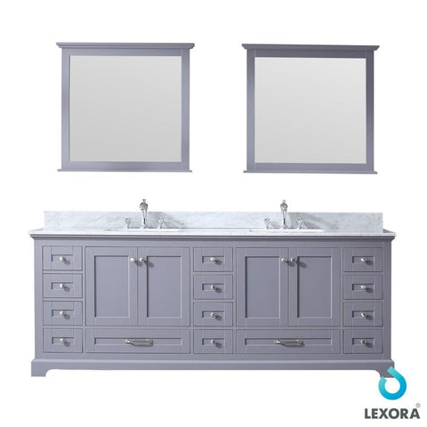 Image of Dukes 84" Dark Grey Double Vanity | White Carrara Marble Top | White Square Sinks and 34" Mirrors