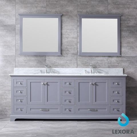 Image of Dukes 84" Dark Grey Double Vanity | White Carrara Marble Top | White Square Sinks and 34" Mirrors