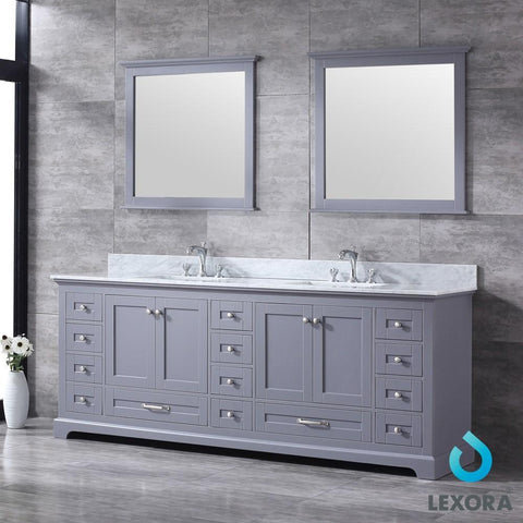 Image of Dukes 84" Dark Grey Double Vanity | White Carrara Marble Top | White Square Sinks and 34" Mirrors