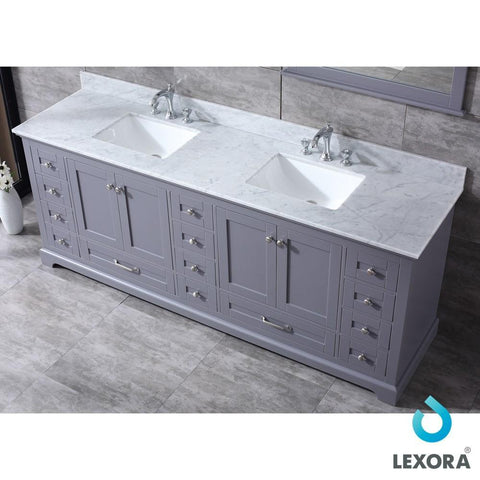 Image of Dukes 84" Dark Grey Double Vanity | White Carrara Marble Top | White Square Sinks and 34" Mirrors