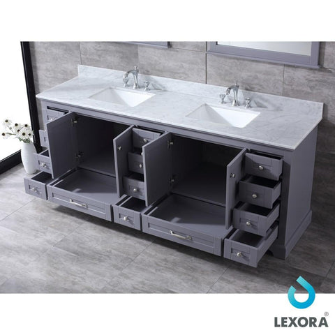 Image of Dukes 84" Dark Grey Double Vanity | White Carrara Marble Top | White Square Sinks and 34" Mirrors