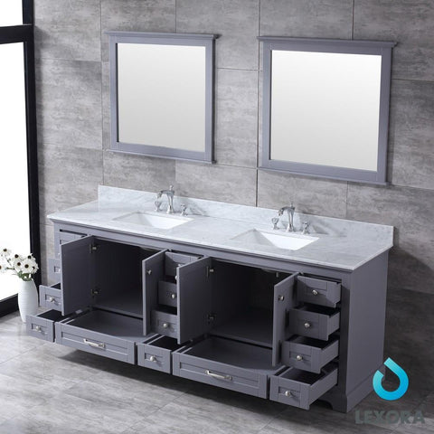 Image of Dukes 84" Dark Grey Double Vanity | White Carrara Marble Top | White Square Sinks and 34" Mirrors