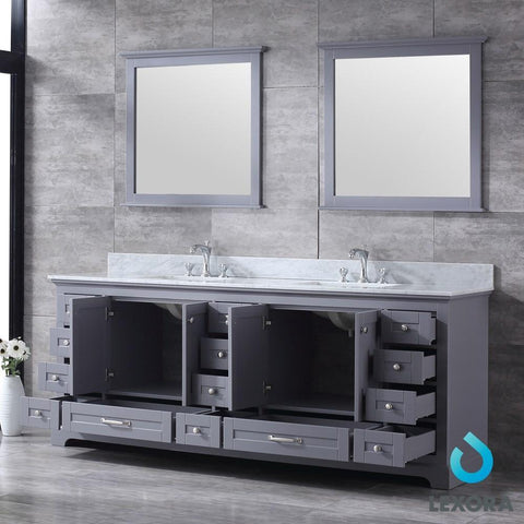 Image of Dukes 84" Dark Grey Double Vanity | White Carrara Marble Top | White Square Sinks and 34" Mirrors
