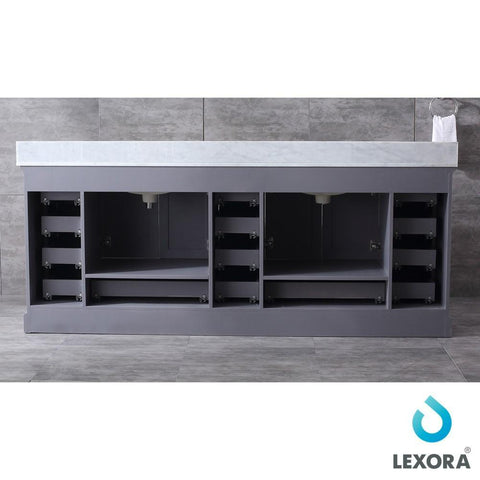 Image of Dukes 84" Dark Grey Double Vanity | White Carrara Marble Top | White Square Sinks and 34" Mirrors
