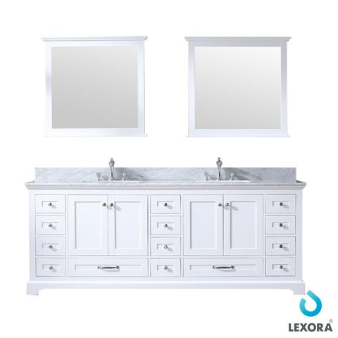 Image of Dukes 84" White Double Vanity | White Carrara Marble Top | White Square Sinks and 34" Mirrors