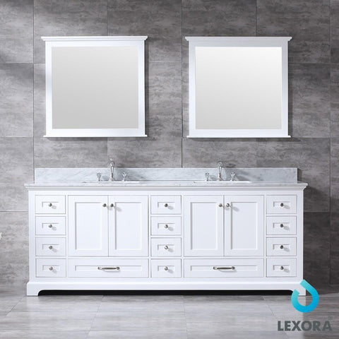 Image of Dukes 84" White Double Vanity | White Carrara Marble Top | White Square Sinks and 34" Mirrors