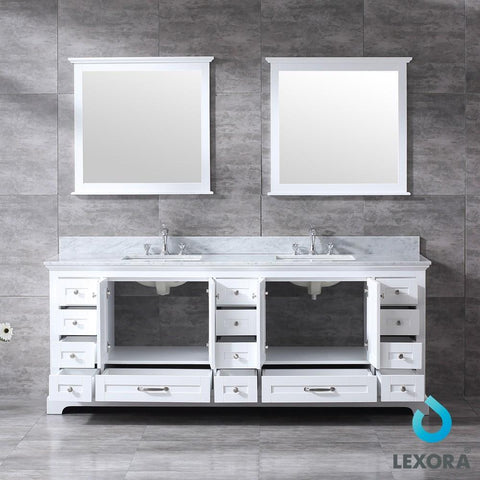 Image of Dukes 84" White Double Vanity | White Carrara Marble Top | White Square Sinks and 34" Mirrors