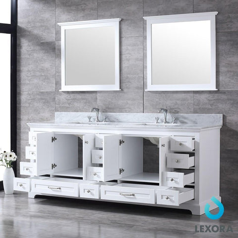 Image of Dukes 84" White Double Vanity | White Carrara Marble Top | White Square Sinks and 34" Mirrors