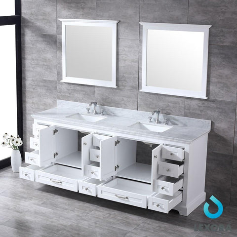 Image of Dukes 84" White Double Vanity | White Carrara Marble Top | White Square Sinks and 34" Mirrors