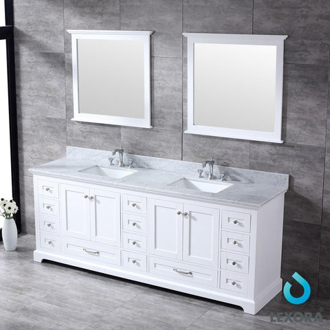 Image of Dukes 84" White Double Vanity | White Carrara Marble Top | White Square Sinks and 34" Mirrors