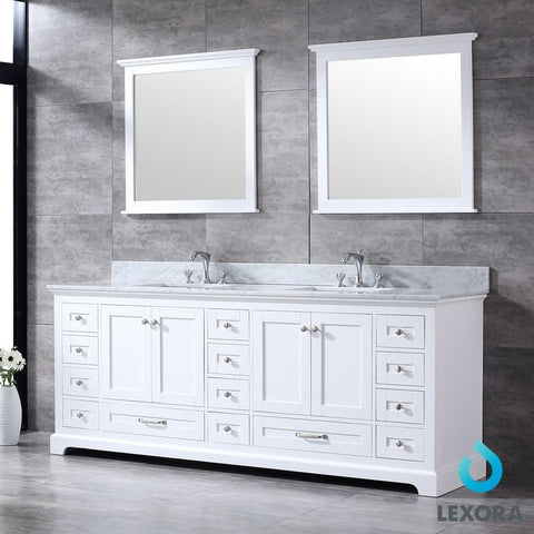 Image of Dukes 84" White Double Vanity | White Carrara Marble Top | White Square Sinks and 34" Mirrors