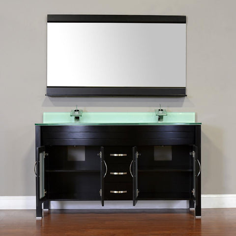 Image of Elite 60" Double Modern Bathroom Vanity - Black with White Glass Top and Mirror AW-082-60-B-WGT-2M24