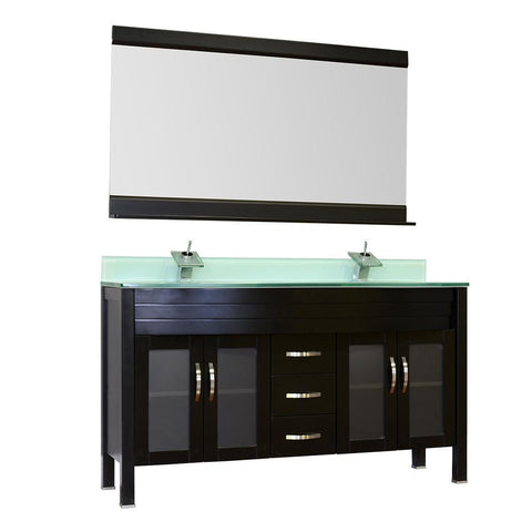 Image of Elite 60" Double Modern Bathroom Vanity - Black with White Glass Top and Mirror AW-082-60-B-WGT-2M24