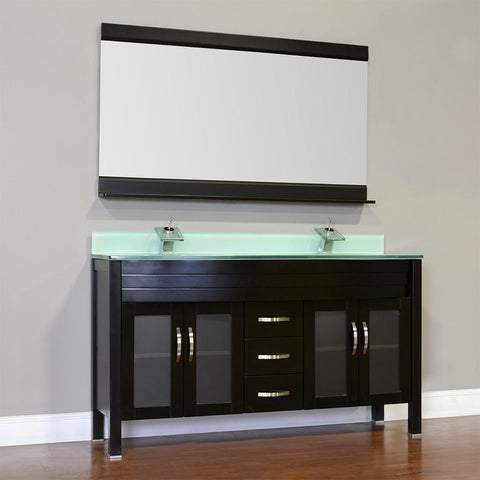 Image of Elite 72" Double Modern Bathroom Vanity - Black with Light Green Glass Top and Mirror AW-082-72-B-LGGT-2M24
