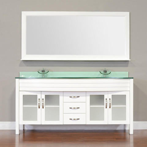 Image of Elite 72" Double Modern Bathroom Vanity - White with Light Green Glass Top and Mirror AW-082-72-W-LGGT-2M24