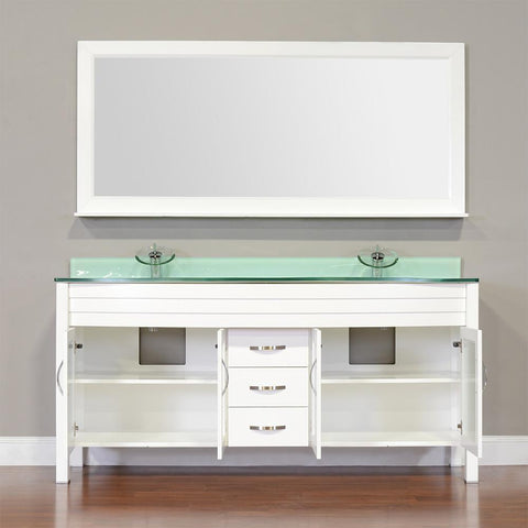 Image of Elite 72" Double Modern Bathroom Vanity - White with White Glass Top and Mirror AW-082-72-W-WGT-2M24