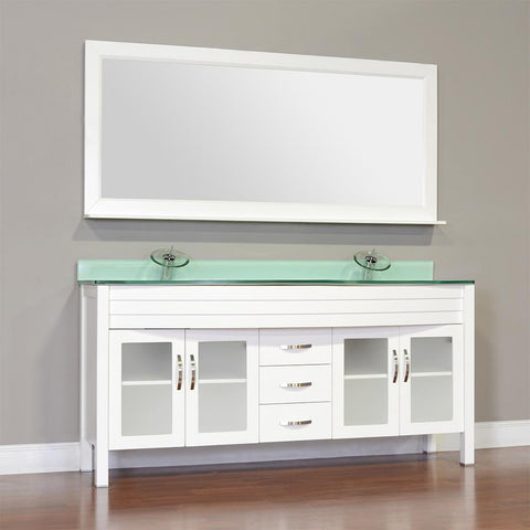 Image of Elite 72" Double Modern Bathroom Vanity - White with White Glass Top and Mirror AW-082-72-W-WGT-2M24