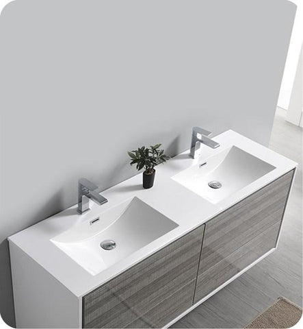 Image of Fresca Catania 60" Glossy Ash Gray Wall Hung Modern Bathroom Cabinet w/ Integrated Double Sink | FCB9260HA-D-I FCB9260HA-D-I
