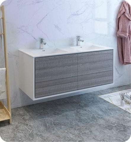 Image of Fresca Catania 60" Glossy Ash Gray Wall Hung Modern Bathroom Cabinet w/ Integrated Double Sink | FCB9260HA-D-I FCB9260HA-D-I