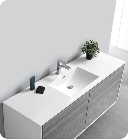 Image of Fresca Catania 60" Glossy Ash Gray Wall Hung Modern Bathroom Cabinet w/ Integrated Single Sink | FCB9260HA-S-I FCB9260HA-S-I