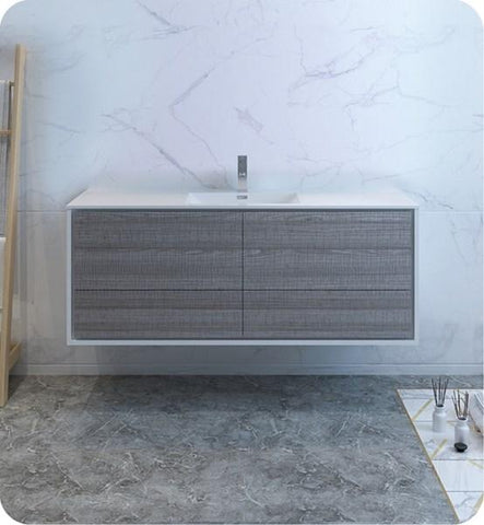 Image of Fresca Catania 60" Glossy Ash Gray Wall Hung Modern Bathroom Cabinet w/ Integrated Single Sink | FCB9260HA-S-I FCB9260HA-S-I