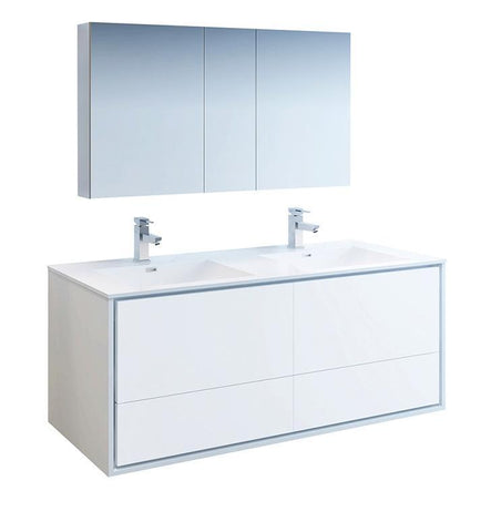 Image of Fresca Catania 60" White Double Sink Bath Bowl Vanity Set w/ Cabinet & Faucet