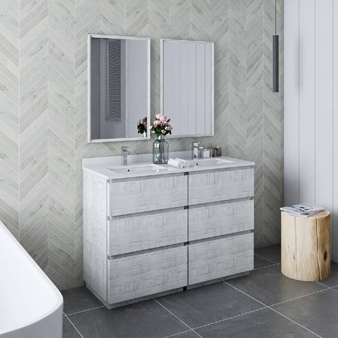 Image of Fresca Formosa 48" Rustic White Freestanding Double Sink Modern Bathroom Vanity | FCB31-2424RWH-FC-CWH-U FCB31-2424RWH-FC-CWH-U
