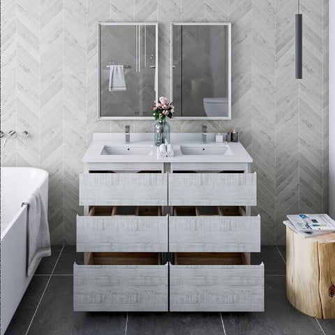 Image of Fresca Formosa 48" Rustic White Freestanding Double Sink Modern Bathroom Vanity | FCB31-2424RWH-FC-CWH-U FCB31-2424RWH-FC-CWH-U