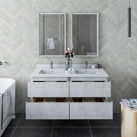 Image of Fresca Formosa 48" Rustic White Wall Hung Double Sink Modern Bathroom Vanity | FCB31-2424RWH-CWH-U FCB31-2424RWH-CWH-U