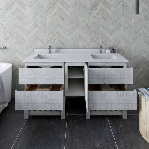 Image of Fresca Formosa 60" Rustic White Freestanding Open Bottom Double Sink Modern Bathroom Vanity | FCB31-241224RWH-FS-CWH-U FCB31-241224RWH-FS-CWH-U