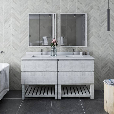 Image of Fresca Formosa 60" Rustic White Freestanding Open Bottom Double Sink Modern Bathroom Vanity | FCB31-3030RWH-FS-CWH-U FCB31-3030RWH-FS-CWH-U