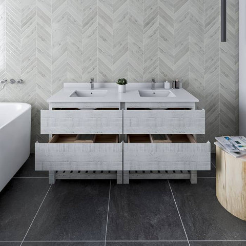 Image of Fresca Formosa 60" Rustic White Freestanding Open Bottom Double Sink Modern Bathroom Vanity | FCB31-3030RWH-FS-CWH-U FCB31-3030RWH-FS-CWH-U