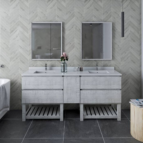 Image of Fresca Formosa 70" Rustic White Freestanding Open Bottom Double Sink Modern Bathroom Base Cabinet | FCB31-301230RWH-FS