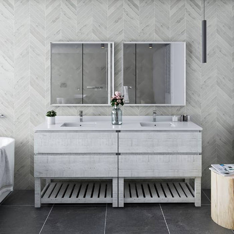 Image of Fresca Formosa 72" Rustic White Freestanding Open Bottom Double Sink Modern Bathroom Vanity | FCB31-3636RWH-FS-CWH-U FCB31-3636RWH-FS-CWH-U
