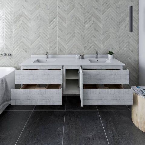 Image of Fresca Formosa 72" Rustic White Wall Hung Double Sink Modern Bathroom Vanity | FCB31-301230RWH-CWH-U FCB31-301230RWH-CWH-U